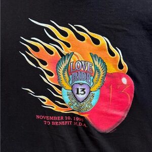 Harley-Davidson Love Ride Black Tee with Flame/Heart Design- small hole near tag